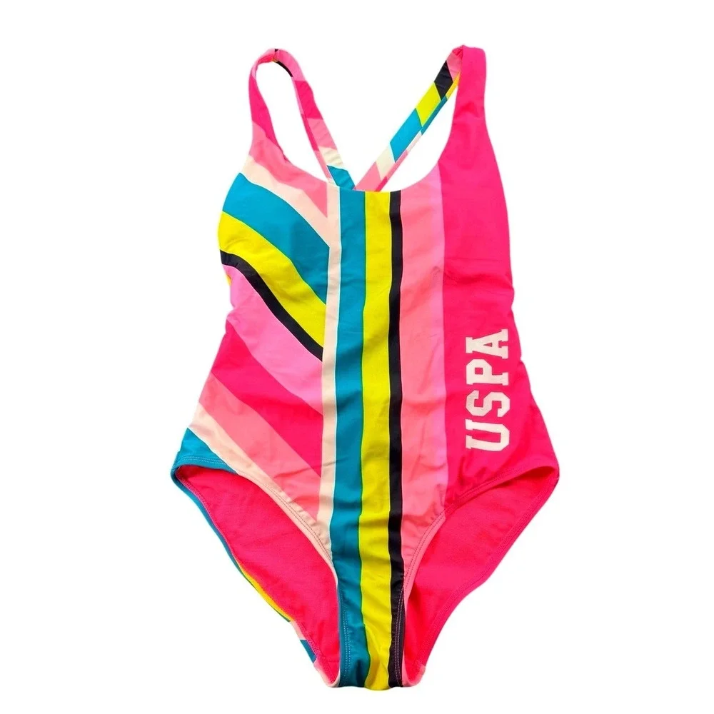Polo Ralph Lauren Girls One Piece Swimsuit Size S (3–5) Pink Multicolor USA Logo